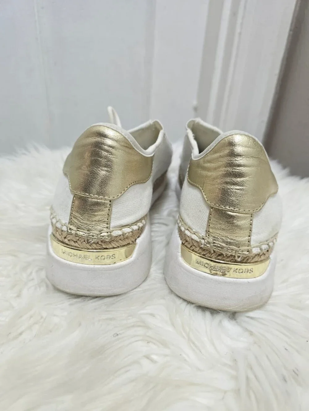 Michael Kors Finch Lace Up Canvas Sneakers White & Rose Gold Espadrille Sz 8M